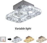 Crystal LED Ceiling Light Fixture, Square Flush Mount 3-Color Chandelier for Bedroom, Kitchen, Hallway